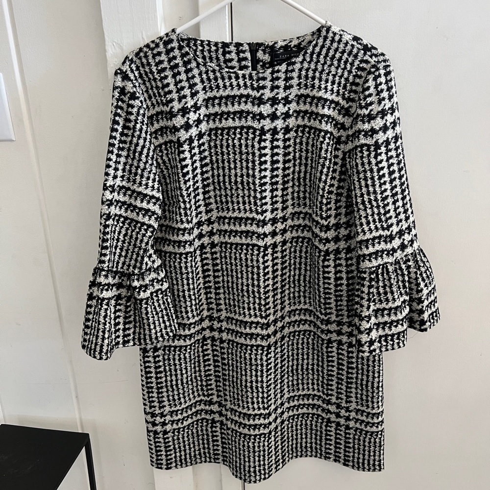 Zara Monochrome Houndstooth Long Sleeve Dress